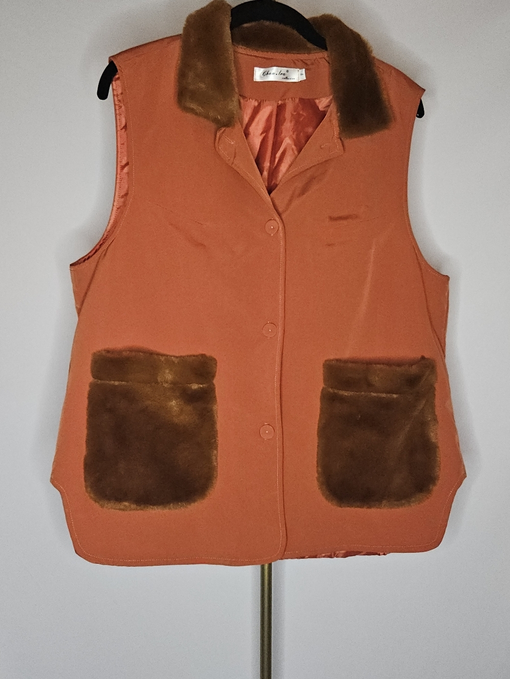 Chan·lea Collection Rust Orange Vest with Brown Faux Fur Trim